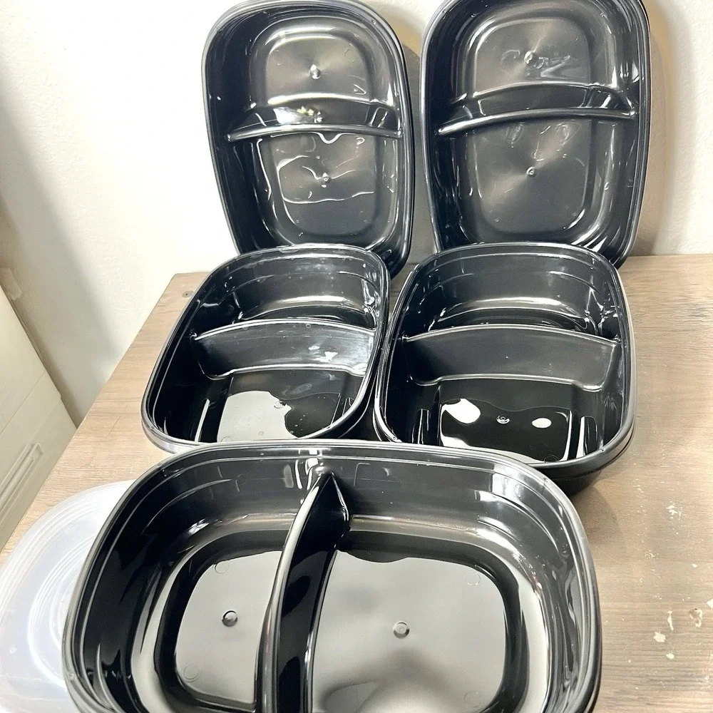 Meal‎ Prep Containers 2-Compartment Black w/ Lids Reheat-Only PP #5 Set of 5